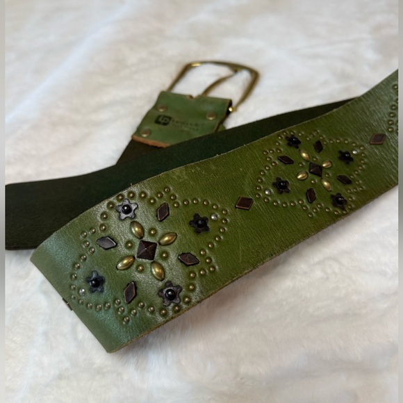 Linea Pelle Genuine Leather Green Vtg Bohemian Western Belt, Solid Brass Buckle - Picture 2 of 15